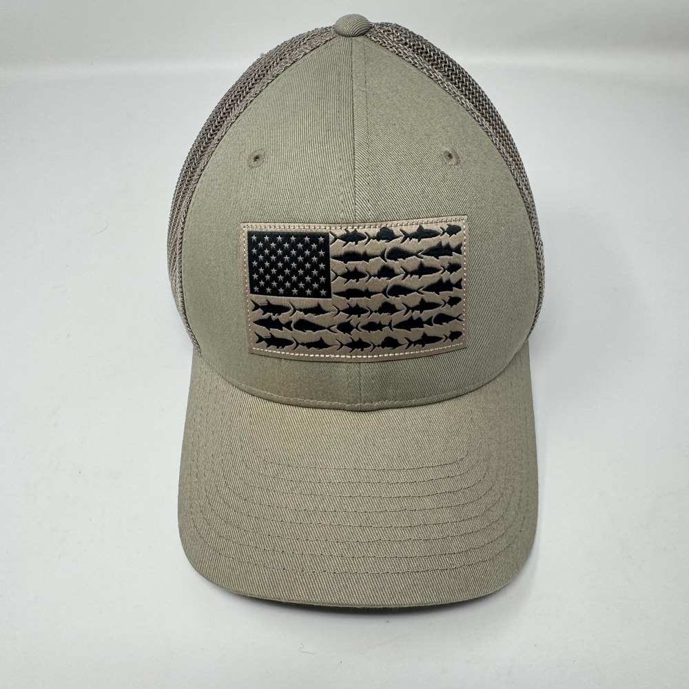 Columbia PFG Hat Cap Fitted Mens One Size Beige Mesh USA Flag Trucker Fishing